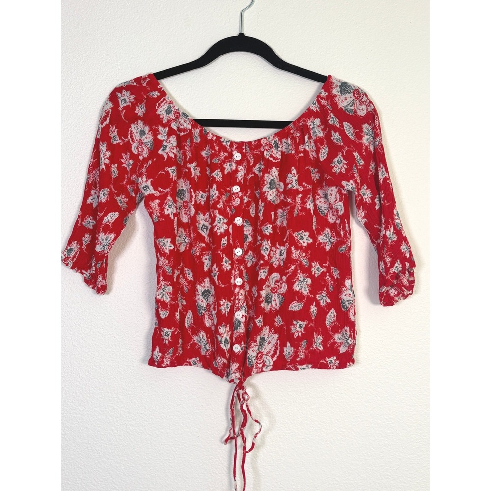 Faithfull The Brand Red Floral Button Front Tie Hem Off Shoulder Top Small